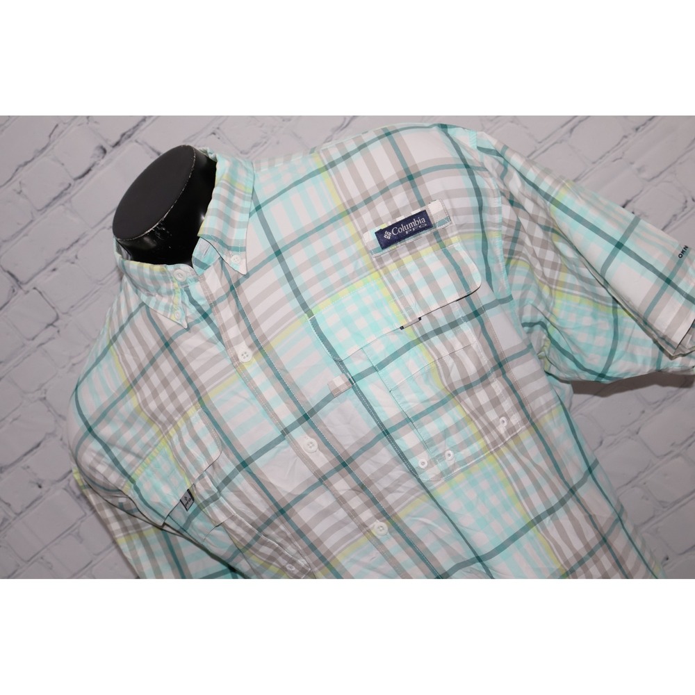 Columbia PFG Performance Fishing Gear Shirt Mens XXL Blue Teal Plaid Vented **